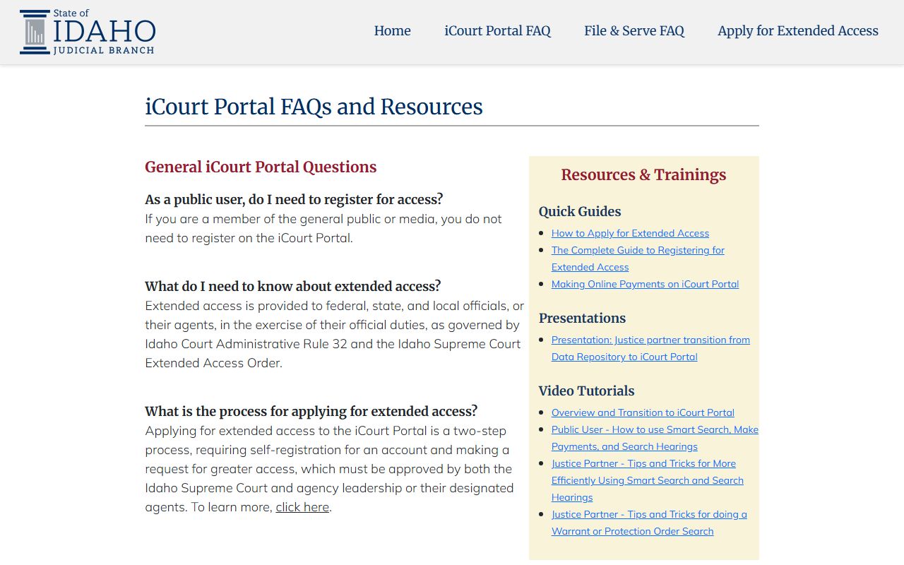 Shoshone County court records iCourt public access FAQ
