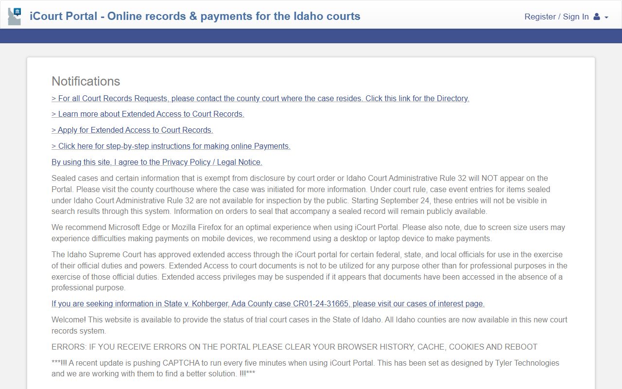 Shoshone County court records Idaho iCourt portal entry