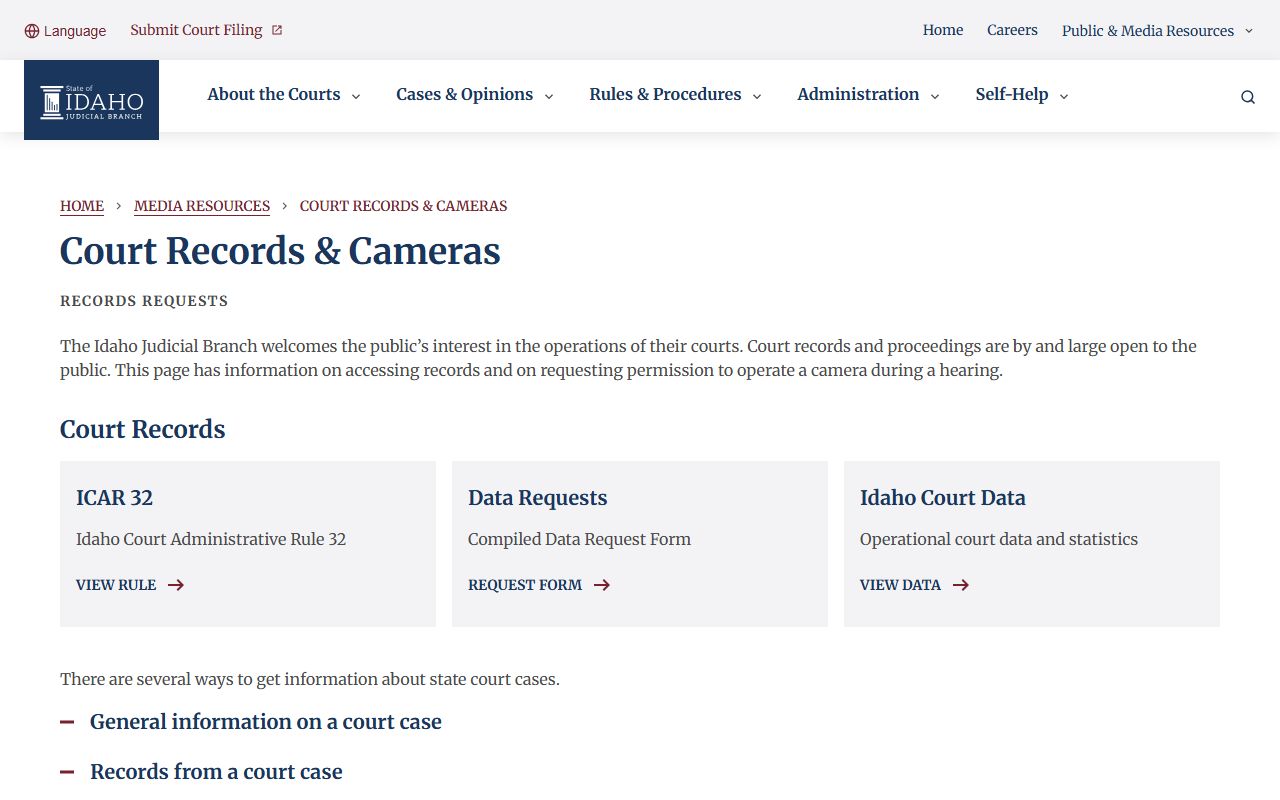 Shoshone County court records Judicial Branch record request guidance
