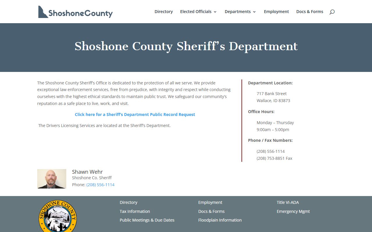 Shoshone County inmate records and sheriff custody contact