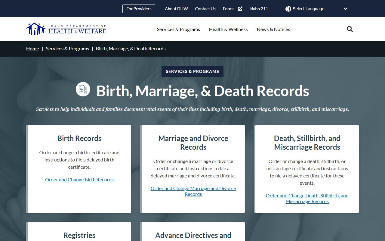 Idaho Department of Health and Welfare vital records landing page
