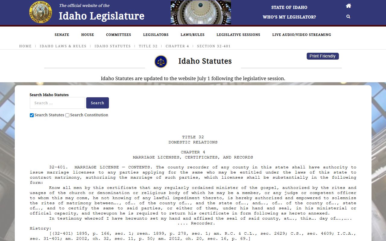 Idaho marriage solemnization statute page