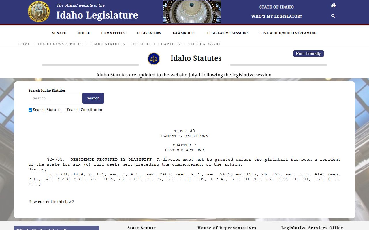 Idaho divorce statute page for divorce proceedings