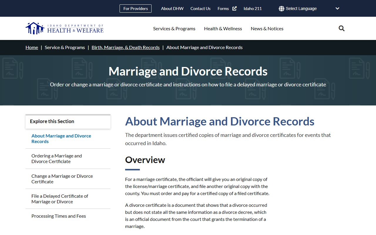 Idaho marriage and divorce record coverage page