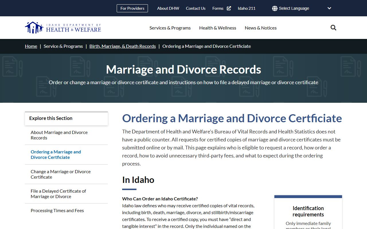 Idaho DHW page for ordering marriage and divorce certificates online or by mail