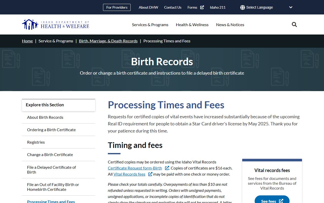 Idaho vital records processing times and fees page