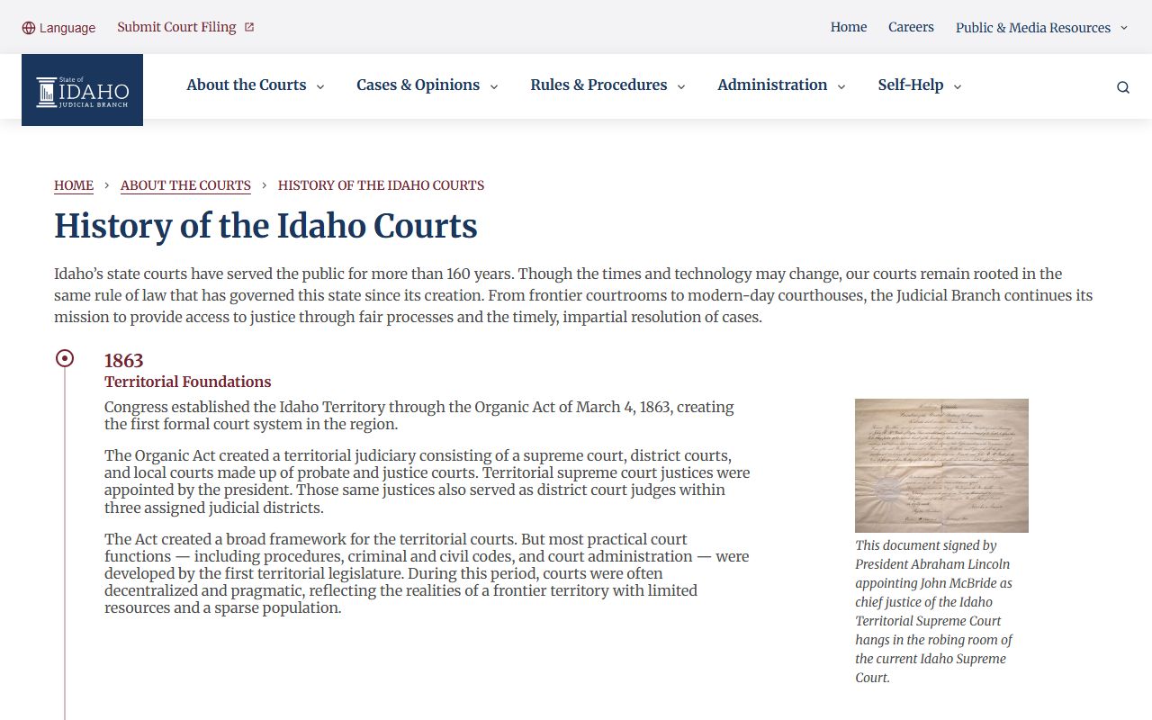 Idaho Judicial Branch court history page describing court unification