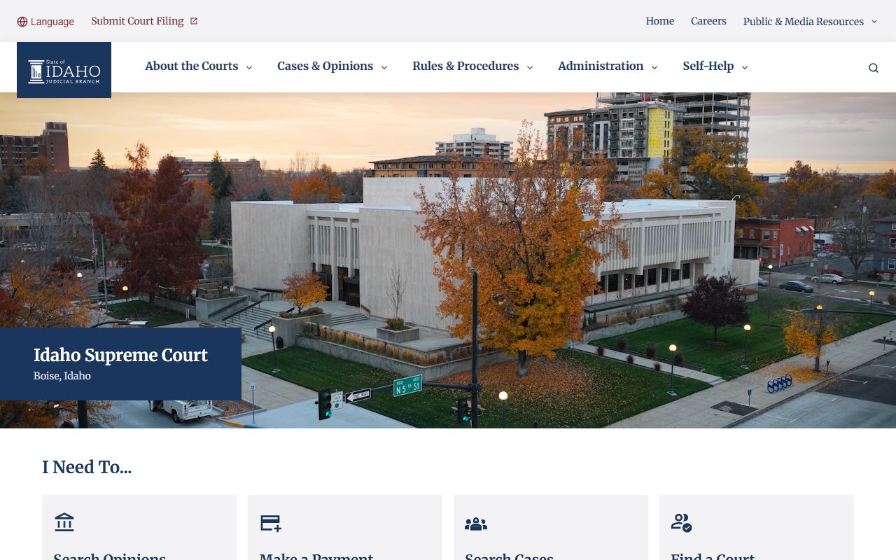 Idaho Judicial Branch homepage with iCourt and court access links