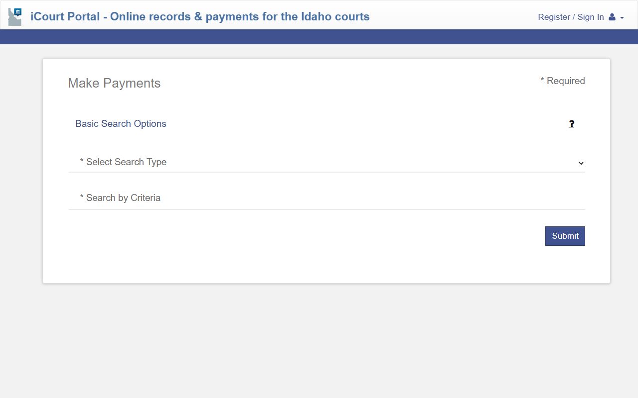 Idaho iCourt Make Payments search page for traffic citations