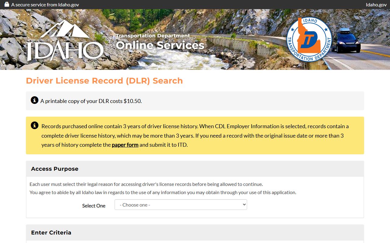 Idaho online Driver License Record Search page
