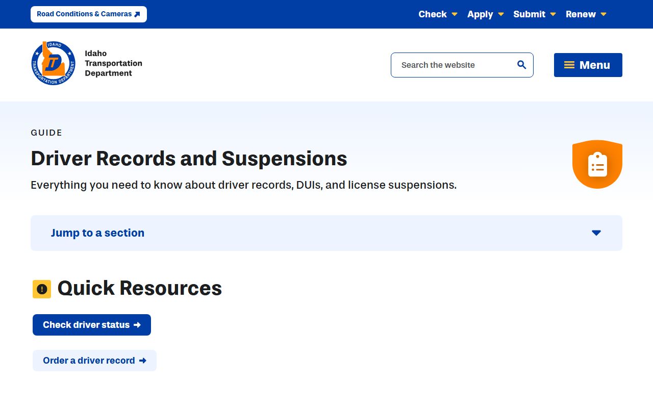 Idaho Transportation Department driver records and suspensions page
