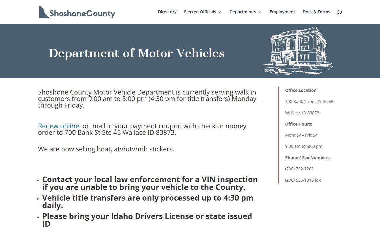 Shoshone County Motor Vehicle Department page with local driver license location information
